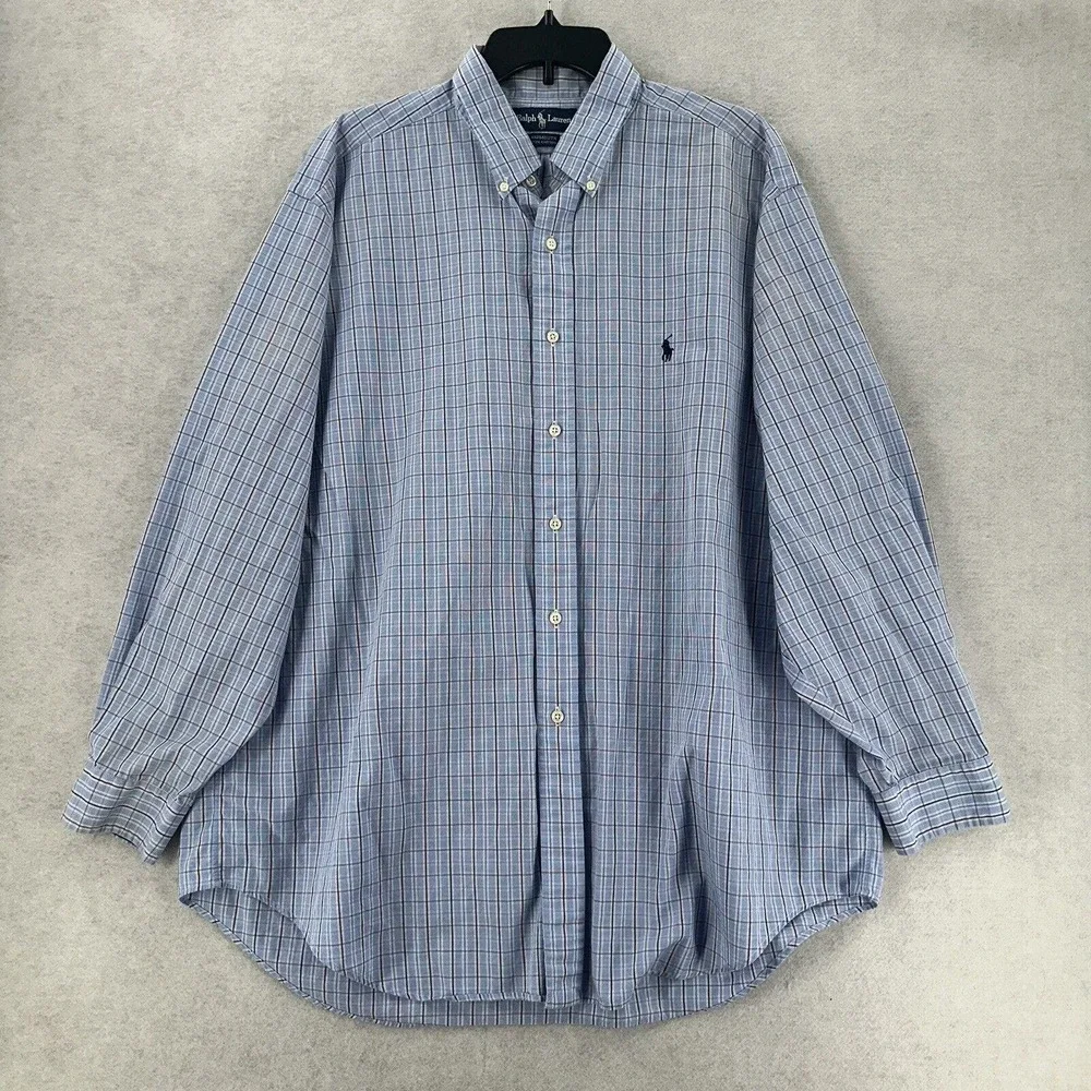 Polo Ralph Lauren Yarmouth Cotton Oxford Long Sleeve Shirt Blue White Plaid 17.5